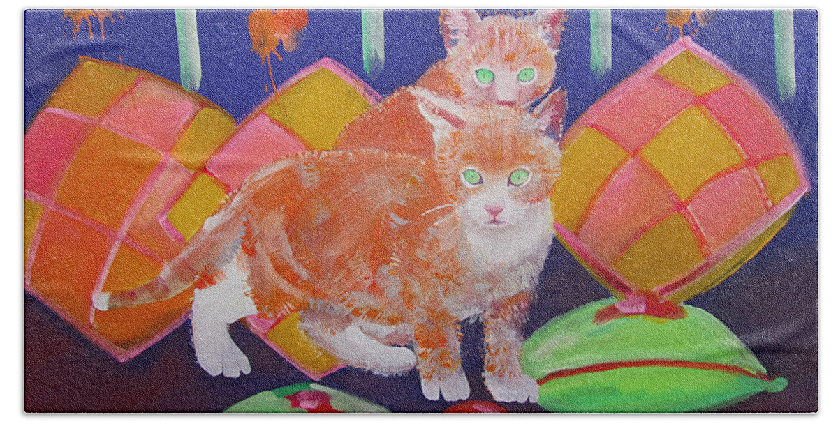 Kittens Bath Towel featuring the painting Kittens With Wild Cushions by Charles Stuart
