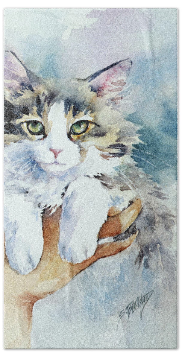 Kitty Hand Towel featuring the painting Kitty in Hand by Susan Blackwood