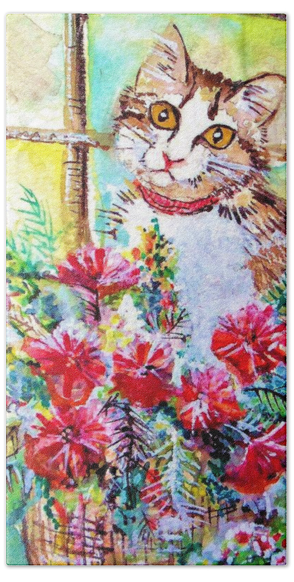 Kitty Bath Towel featuring the painting Kitty in the Window by Linda Shackelford