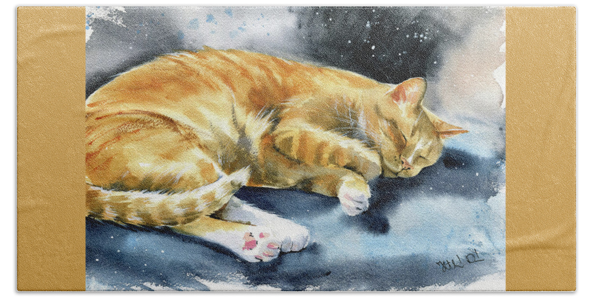 Kitty Bath Towel featuring the painting Kitty Orange Tabby Painting by Dora Hathazi Mendes