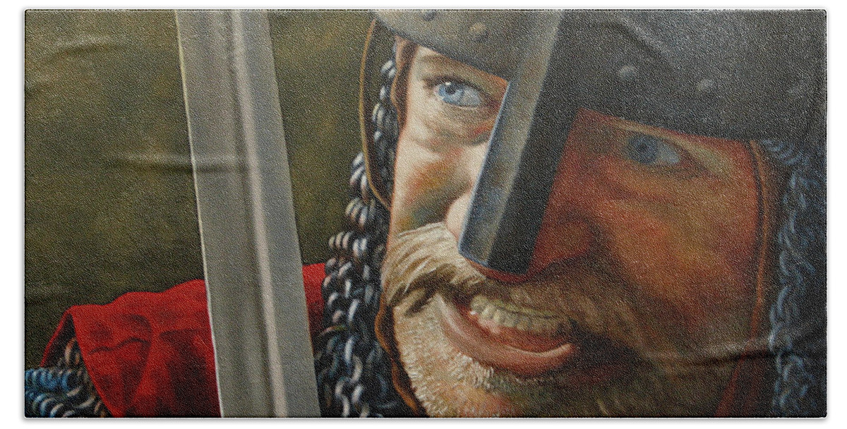 Knight Hand Towel featuring the painting Knight Defender by Ken Kvamme