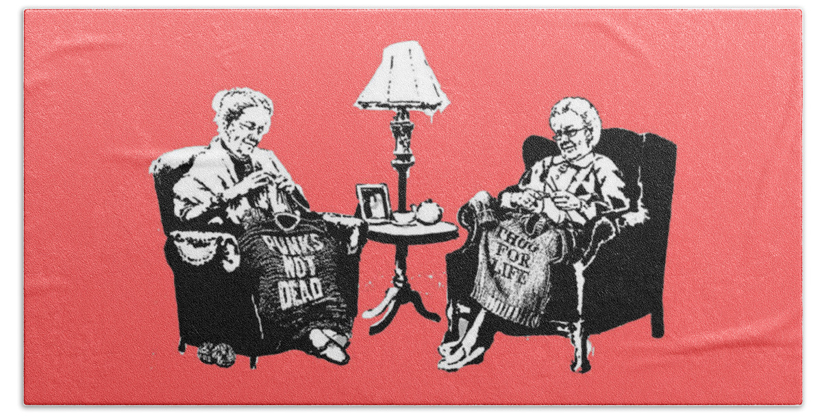 Banksy Hand Towel featuring the painting Knitting Grannies by My Banksy