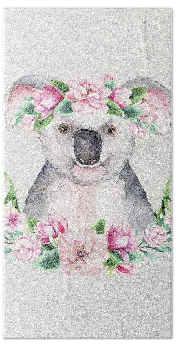 Koala Hand Towel featuring the painting Koala With Flowers by Nursery Art