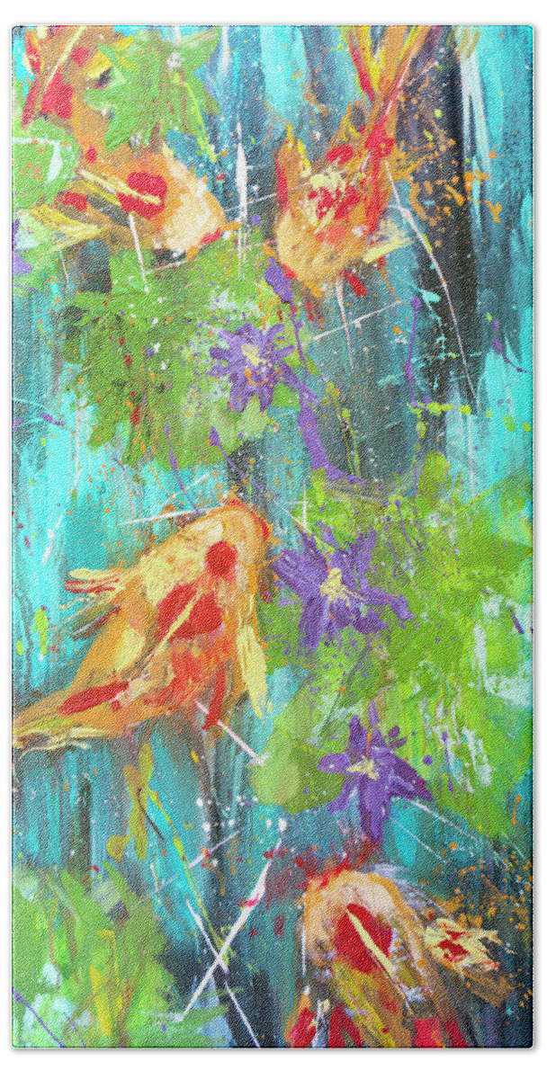 Koi Hand Towel featuring the painting Koi Fish with Lily pad and purple Lotus Flowers by Joanne Herrmann