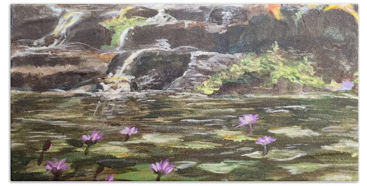 Koi Bath Towel featuring the painting Koi Pond in Hawaii by Charme Curtin