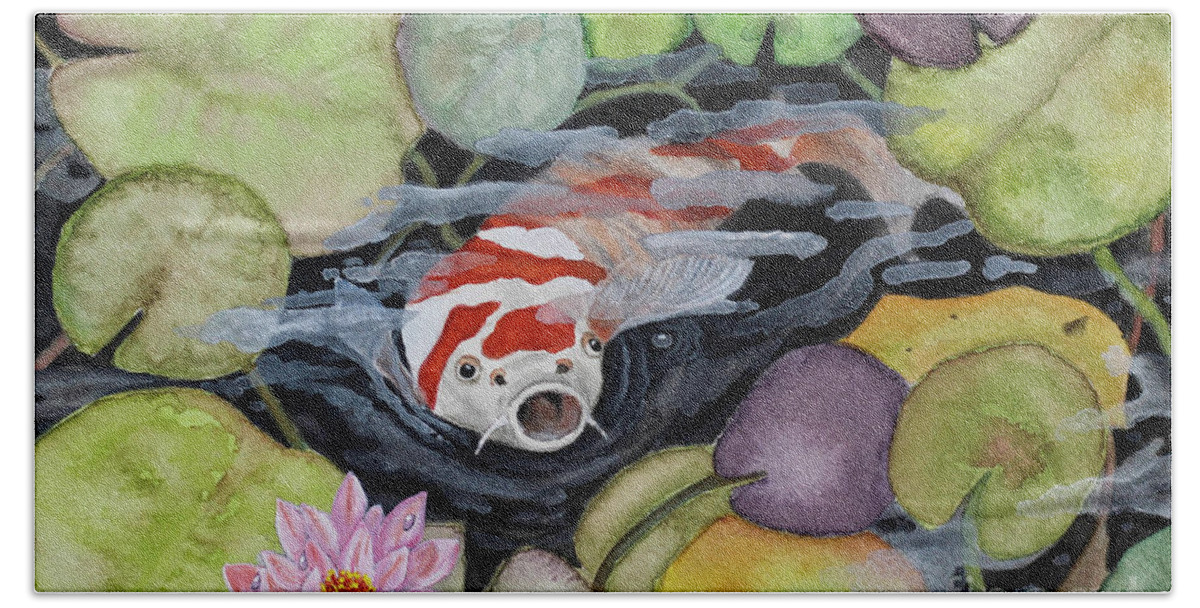 Koi Bath Towel featuring the painting Koi Pond by Shirley Dutchkowski