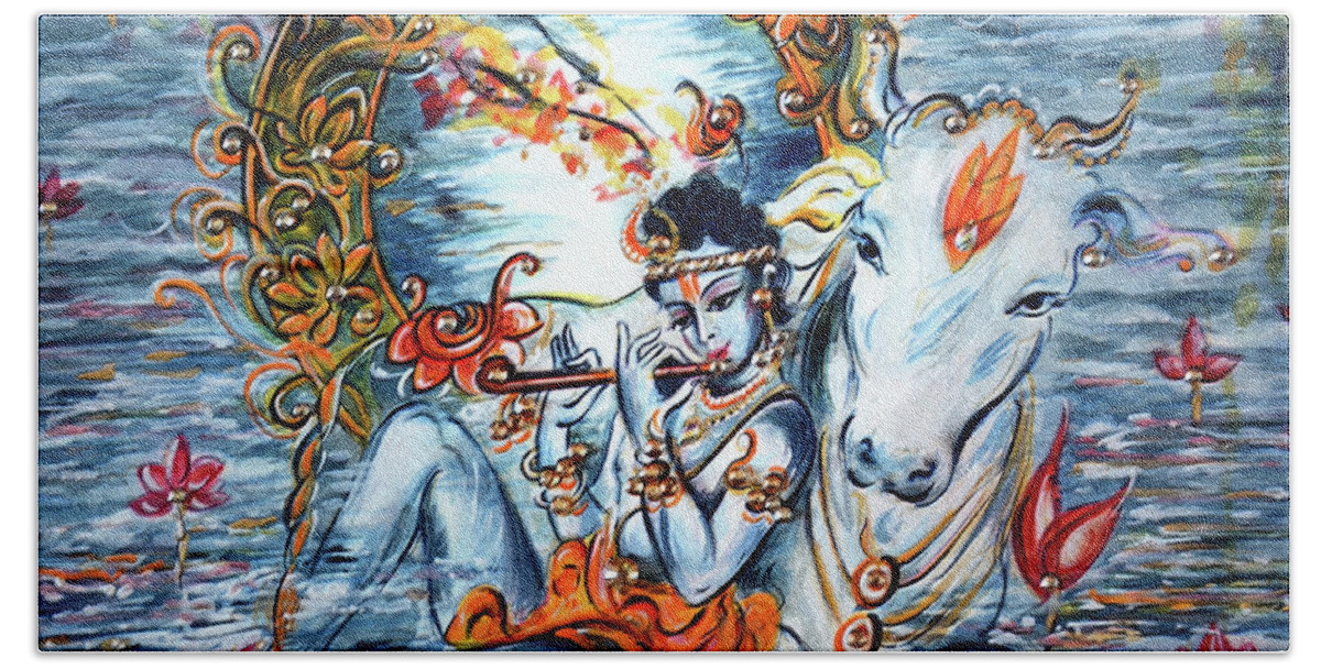 Krishna Bath Towel featuring the painting Krishna - Govinda by Harsh Malik