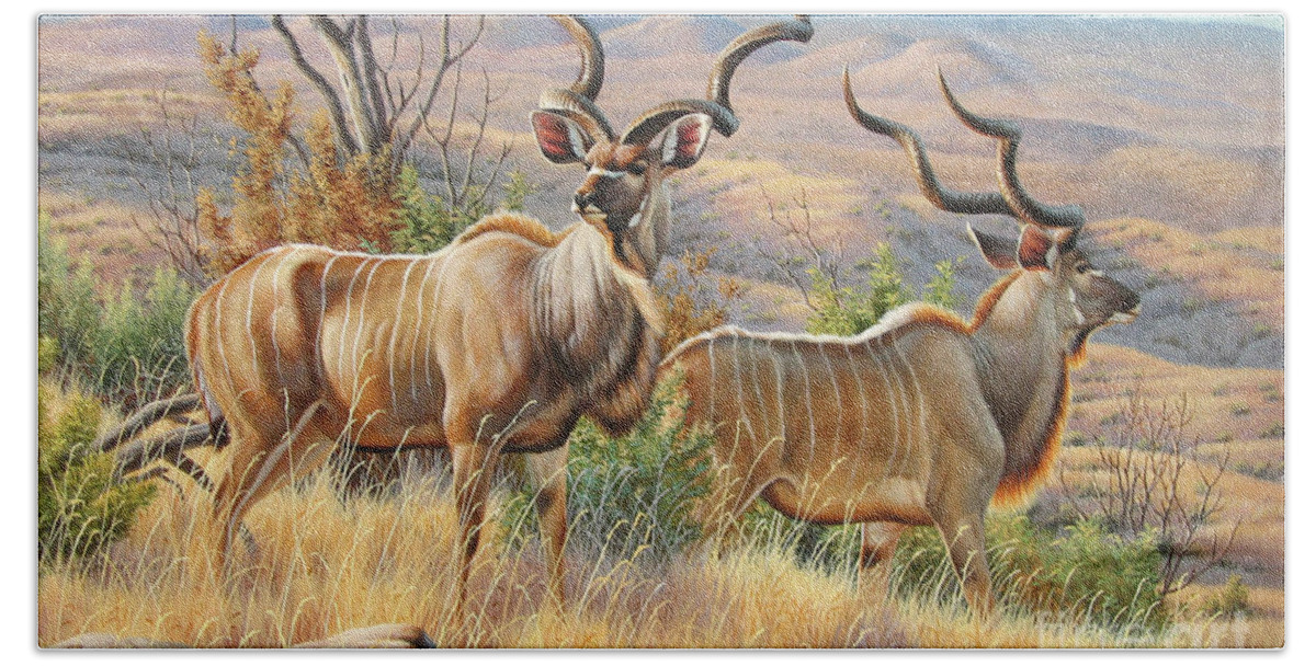 Cynthie Fisher Bath Towel featuring the painting Kudus Bulls by Cynthie Fisher