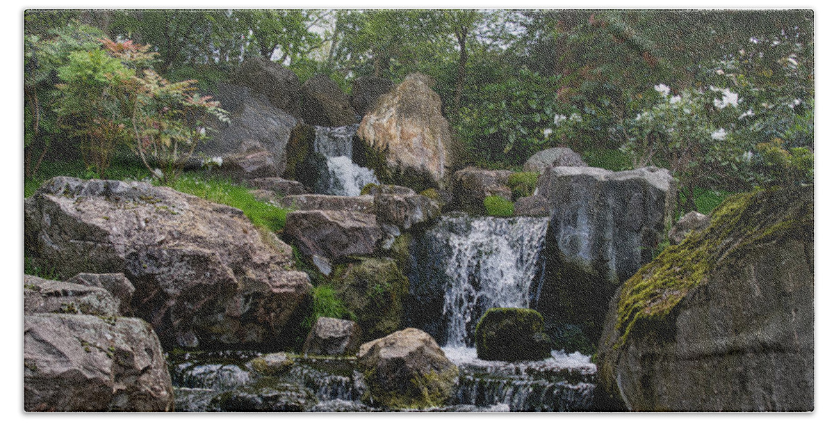 Kyotogardens Hand Towel featuring the photograph Kyoto Gardens Waterfall by Raymond Hill