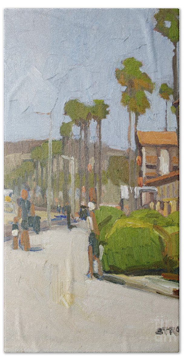 La Jolla Bath Towel featuring the painting La Jolla Shores Hotel and Boardwalk - San Diego, California by Paul Strahm