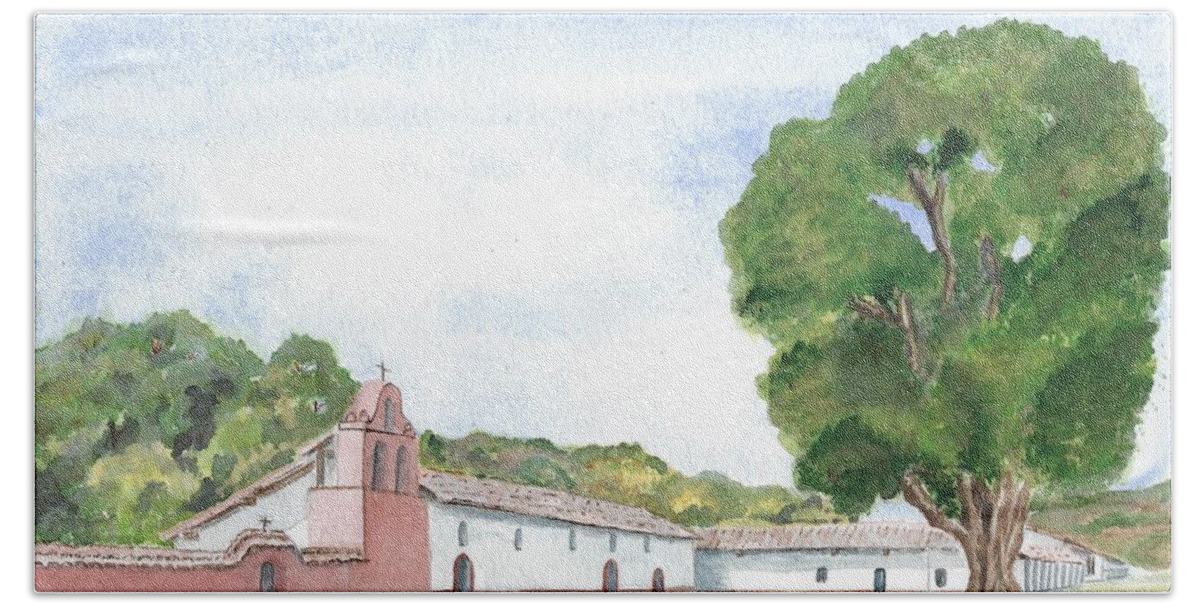 California Hand Towel featuring the painting La Purisima Mission - Watercolor by Claudette Carlton
