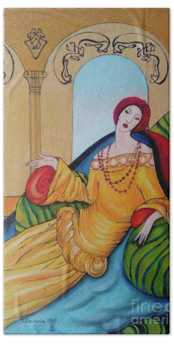Lady Bath Towel featuring the painting Lady in Pillows by Leonida Arte