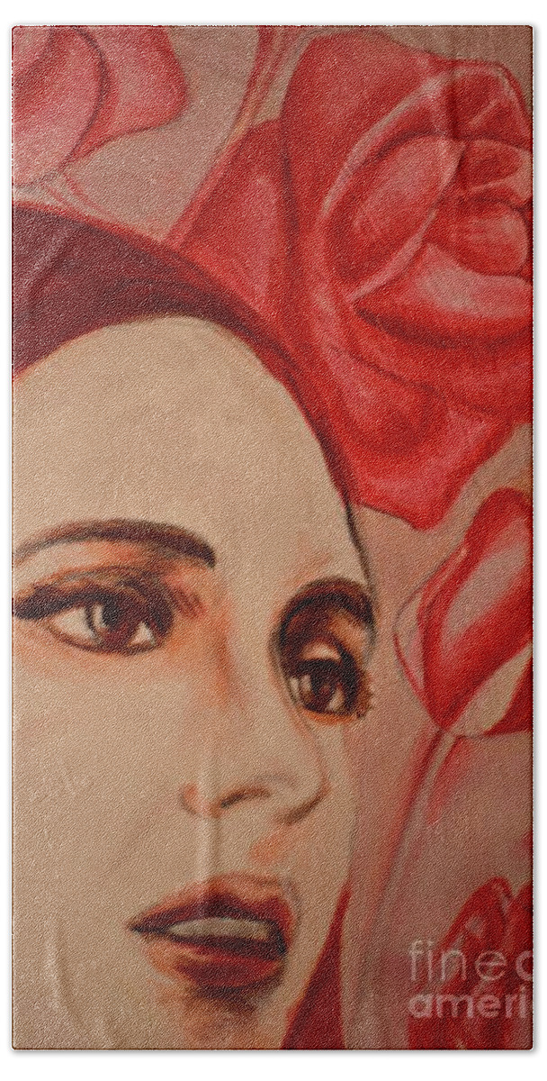 Lady Bath Towel featuring the painting Lady With Roses by Leonida Arte