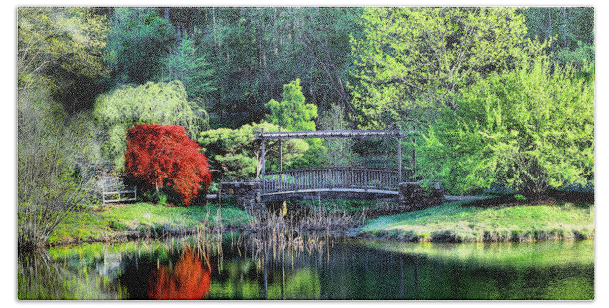 Nature Hand Towel featuring the photograph Lake and Footbridge, Golden Hour, Spring by Steve Ember