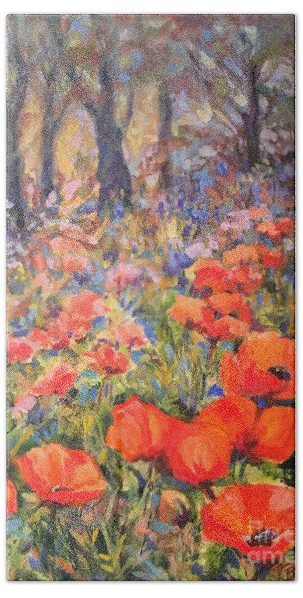 Poppies Hand Towel featuring the painting Lake Placid Poppies by B Rossitto