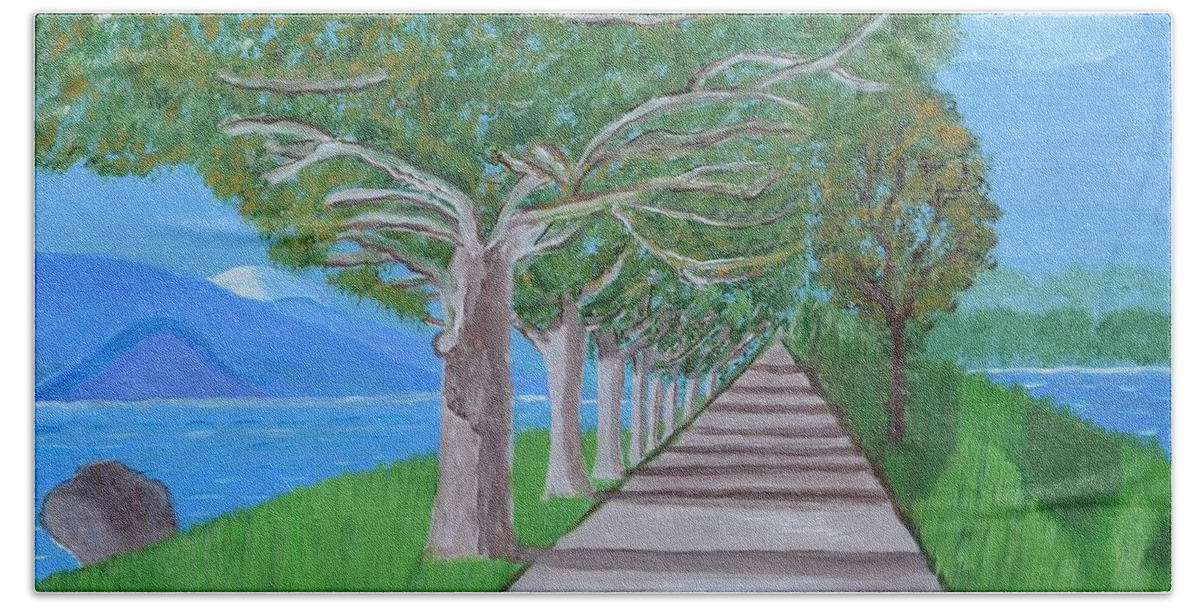 Lake Como Side Walk Painting Print Birthday Poster Card Puzzle Game Photos Landscape Design Mum Dad Summer Sea Season Trees Mountain Art Gallery Mask Shield Health Hand Towel featuring the painting Lake Como Side Walk by Magdalena Frohnsdorff