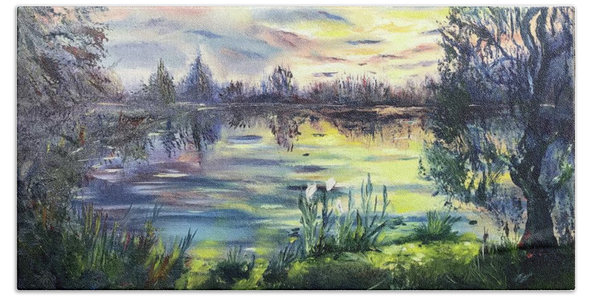 Landscape Bath Towel featuring the painting Lake sunset in Land O Lakes by Tetiana Bielkina
