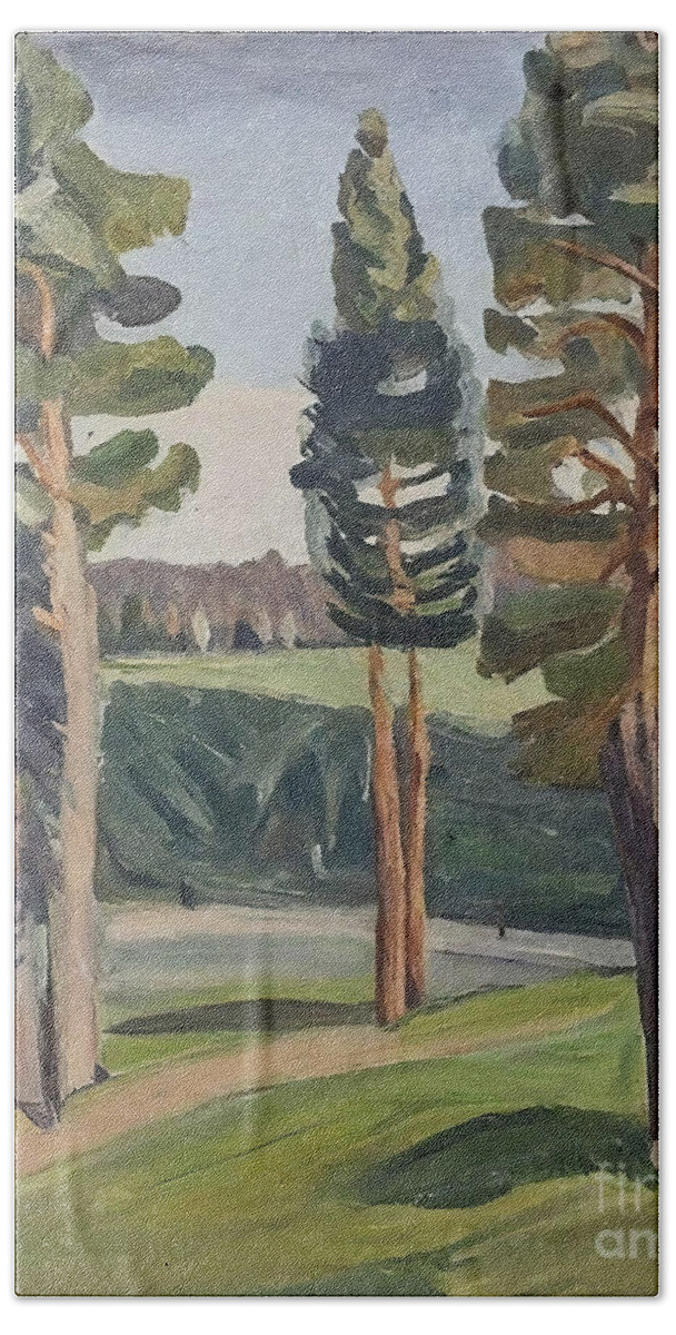 Trees Hand Towel featuring the painting Lake Temescal in Oakland Painting trees lake temescal california by N Akkash