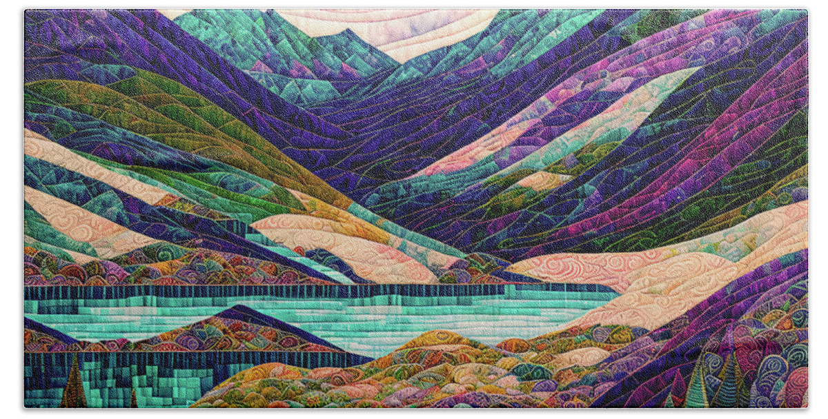 Landscapes Bath Towel featuring the digital art Land of Dreams - Quilted by Peggy Collins