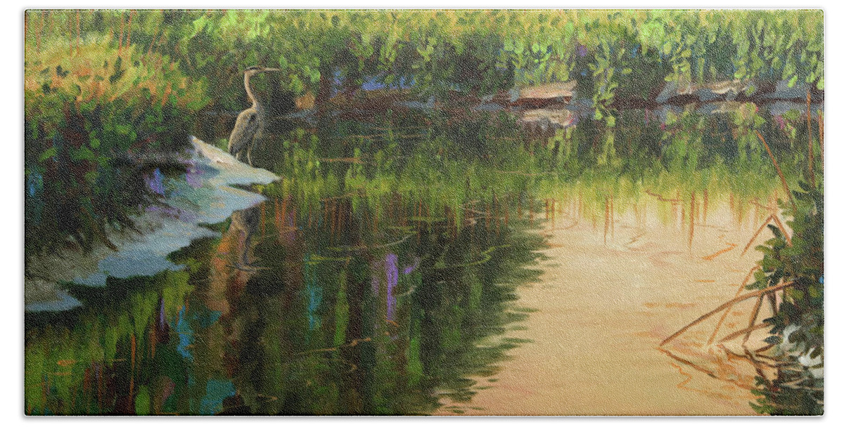Blue Heron Hand Towel featuring the painting Landing Creek by Guy Crittenden