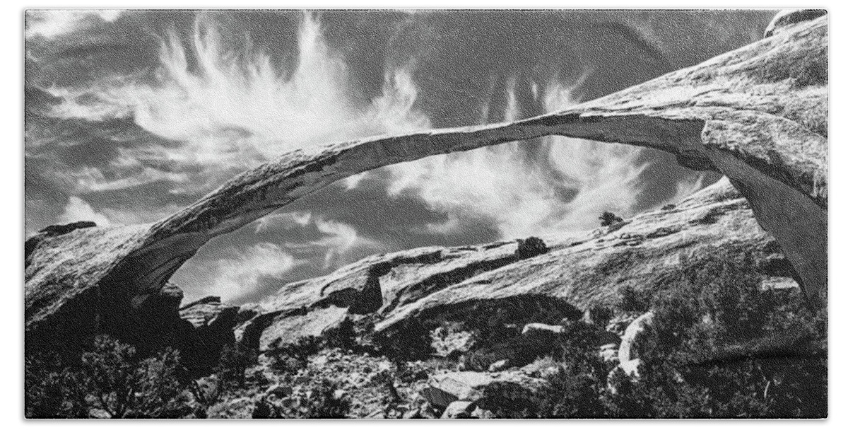 America Hand Towel featuring the photograph Landscape arch in arches national park, black and white by Jean-Luc Farges