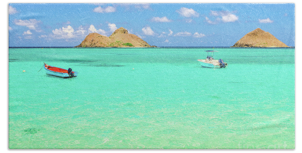 Lanikai Beach Hand Towel featuring the photograph Lanikai Beach two Boats and Two Mokes by Aloha Art