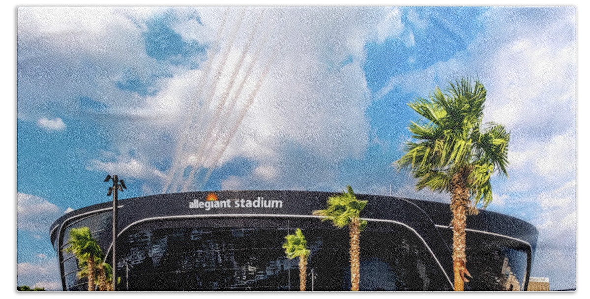 Allegiant Stadium Hand Towel featuring the photograph Las Vegas Raiders Allegiant Stadium Opening Day Thunderbirds Fly Over by Aloha Art