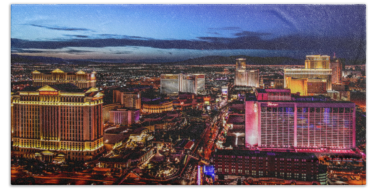 America Bath Towel featuring the photograph Las Vegas strip, HDR at night bird's eye view by Jean-Luc Farges
