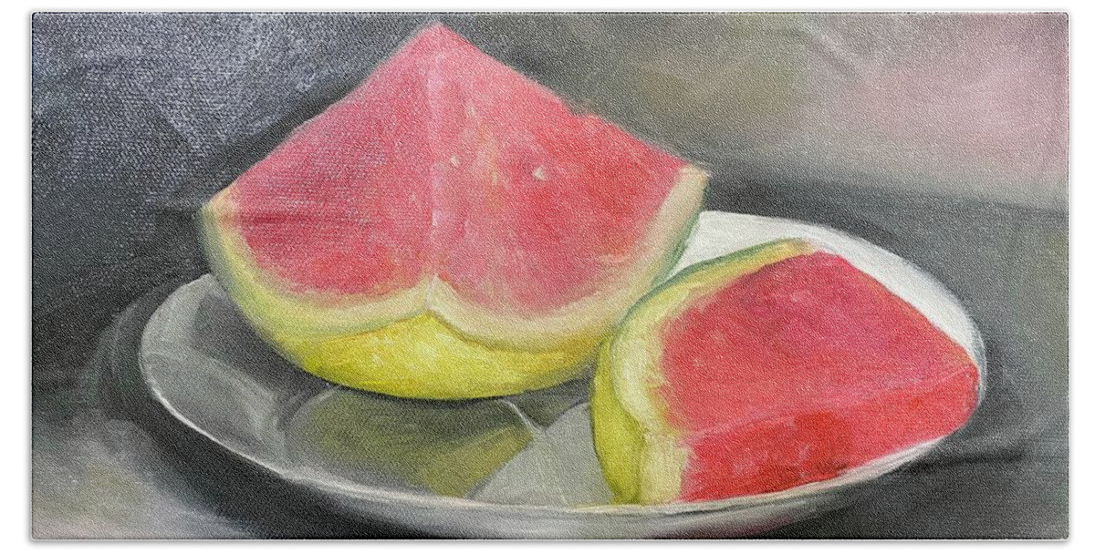 Watermelon Bath Towel featuring the painting Last Slice of Summer by Sheila Mashaw
