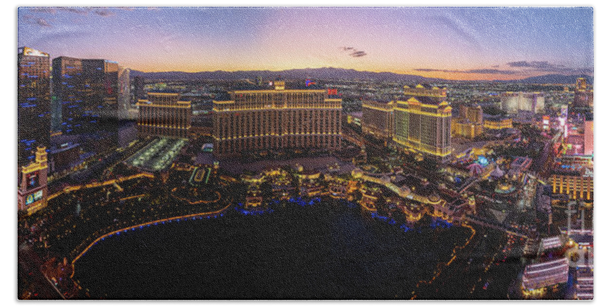 Vegas Hand Towel featuring the photograph Last Vegas Strip Sunset Panorama by Mike Reid