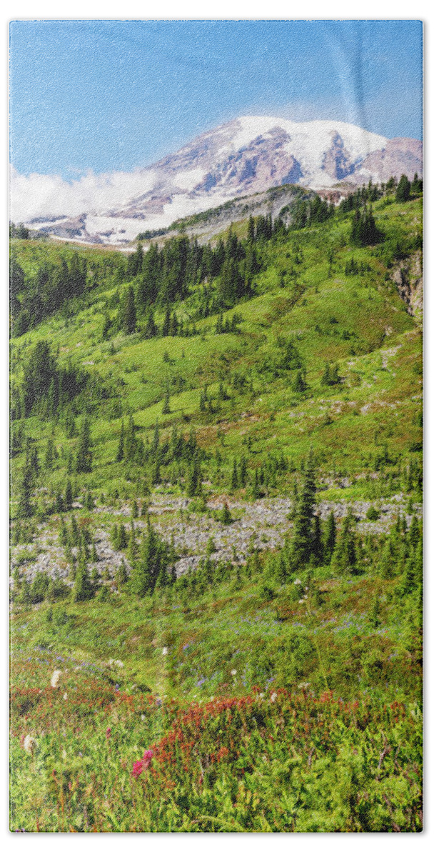Outdoor; Skyline Trail; Summer; Mt Rainier; Mountains; Flowers; Bath Towel featuring the digital art Late Summer Mt Rainier by Michael Lee