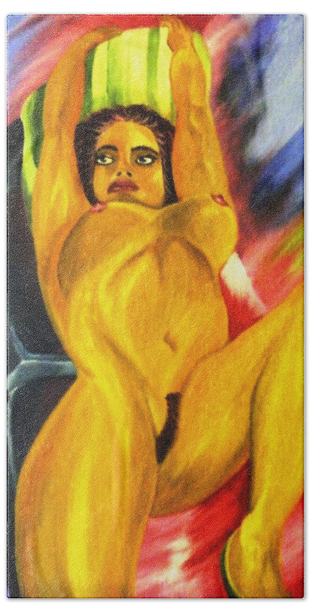 Acrylic Painting Bath Towel featuring the painting Latin Dreams AKA Betty Davis Thighs by The GYPSY and Mad Hatter