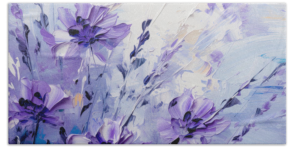 Lavender Hand Towel featuring the painting Lavender Impression with a Bluebird by Lourry Legarde