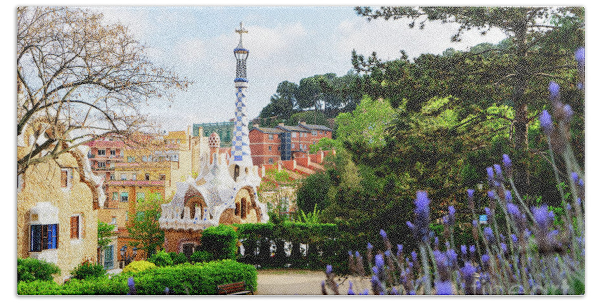 Barcelona Bath Towel featuring the photograph Lavender in Park Guell, Barcelona by Anastasy Yarmolovich