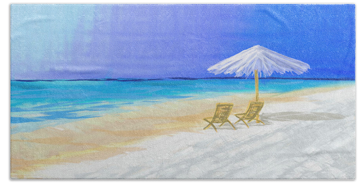 Ocean Bath Towel featuring the digital art Lawn Chairs In Paradise by Jeremy Aiyadurai