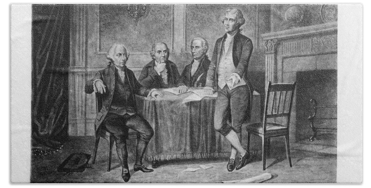 Continental Congress Bath Towel featuring the drawing Leaders of the Continental Congress - John Adams - Morris - Hamilton - Jefferson by War Is Hell Store