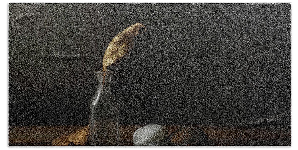 Still Life Hand Towel featuring the photograph Leaf Bottle Rocks by Scott Norris