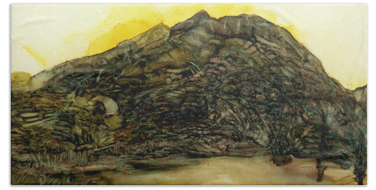 Mountain Bath Towel featuring the painting Learning patience at the tarn by Angela Marinari