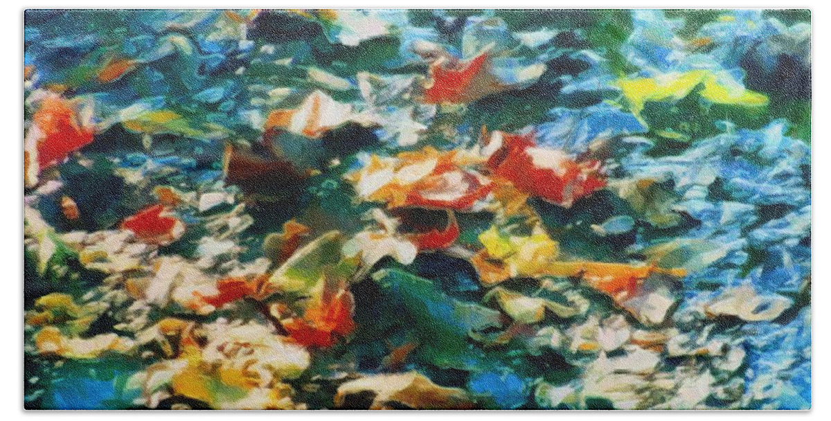 Leaves Bath Towel featuring the mixed media Leaves in the Stream 2021 by Christopher Reed
