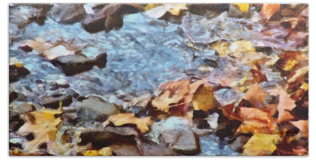 Leaves Hand Towel featuring the mixed media Leaves in the Stream by Christopher Reed