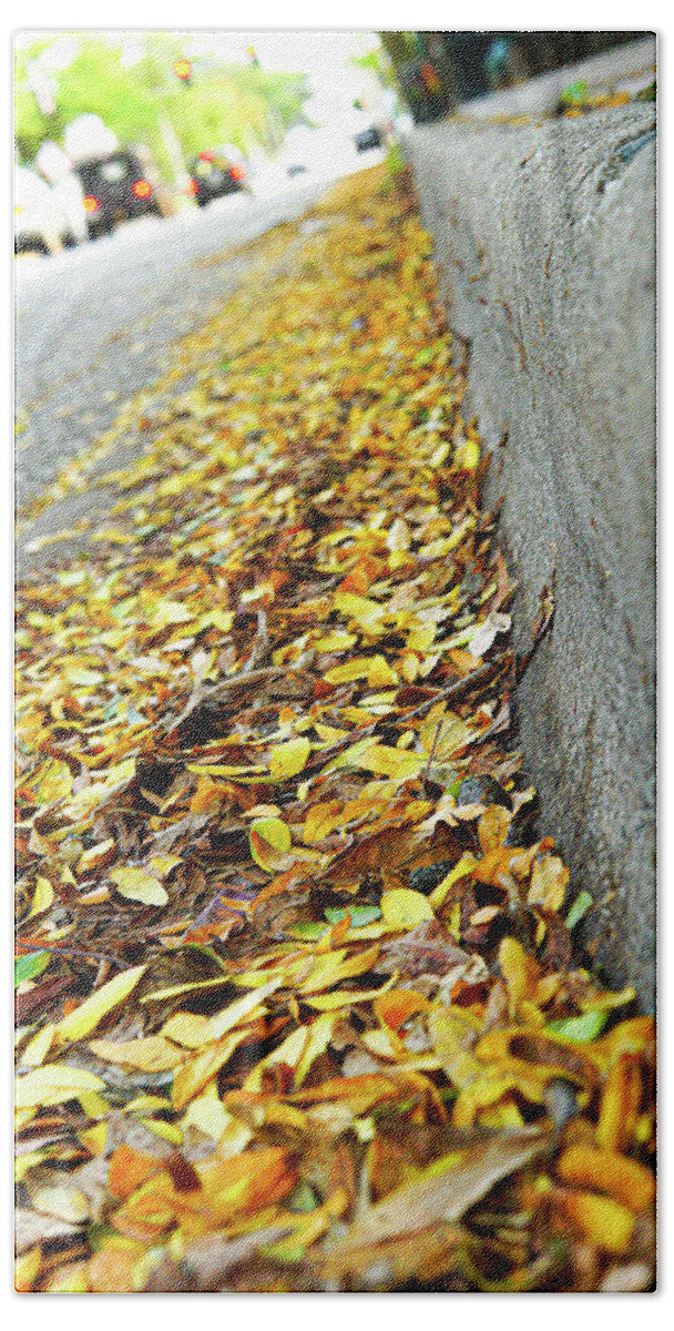 Leaves Yellow Street Curb Fall Autumn Hand Towel featuring the photograph Leaves on the Curb by David Morehead