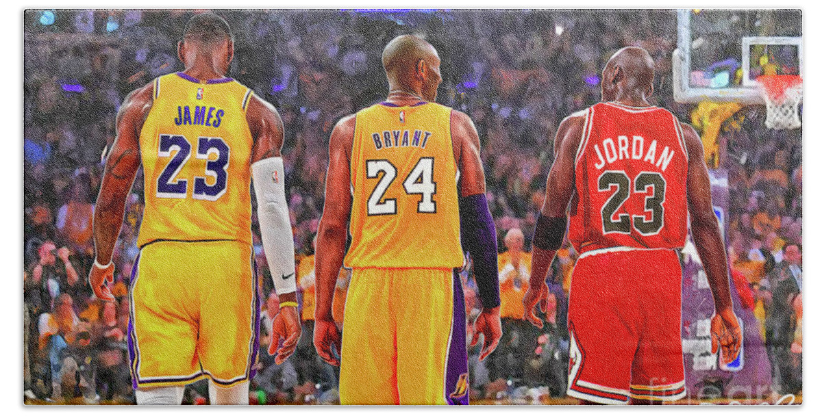 Michael Jordan Hand Towel featuring the mixed media LeBron James, Kobe Bryant and Michael Jordan by Mark Spears
