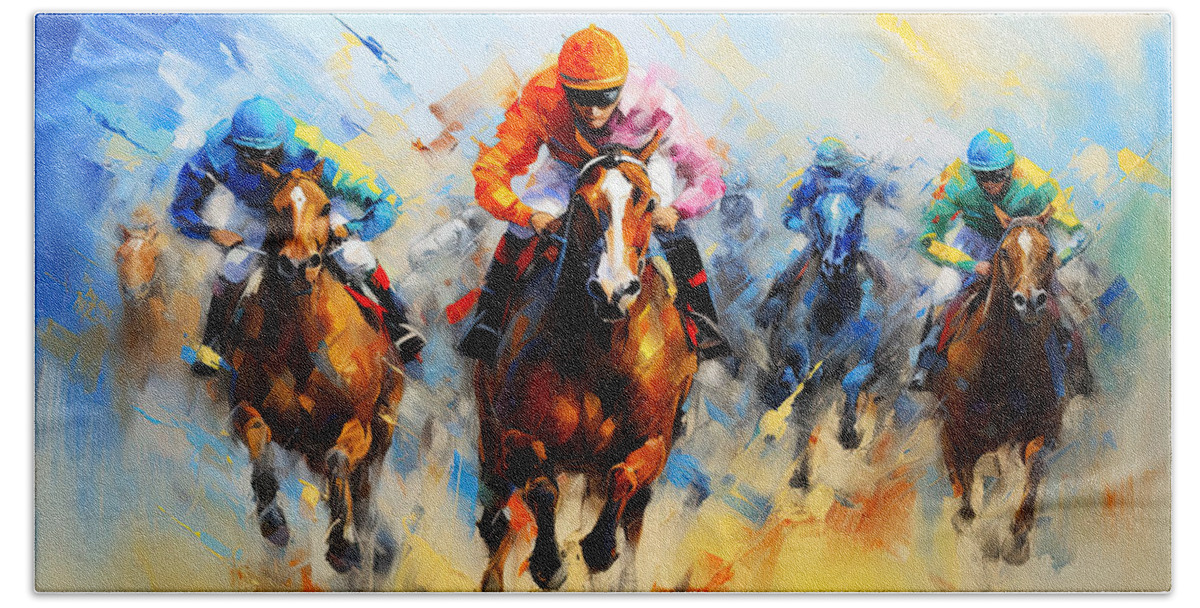 Horse Racing Bath Towel featuring the painting Legacy of Excellence by Lourry Legarde