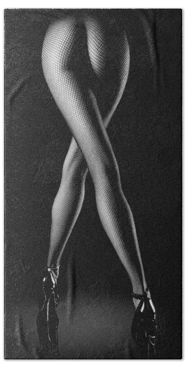 Woman Bath Towel featuring the photograph Legs in Fishnet Stockings 4 by Johan Swanepoel