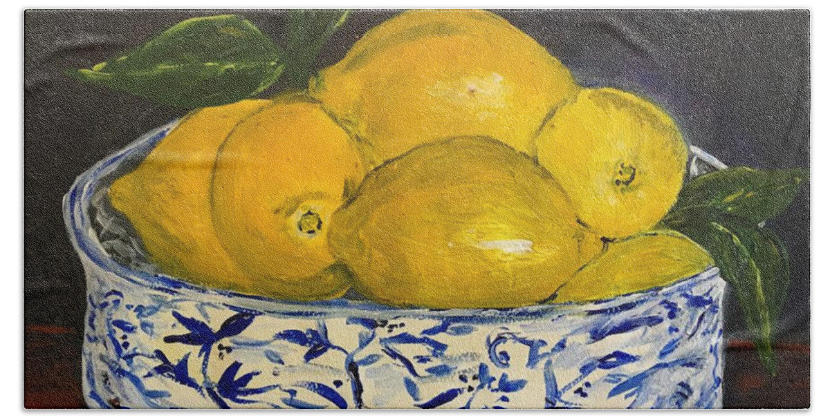 Lemons Bath Towel featuring the painting Lemons - A Still Life by Debora Sanders