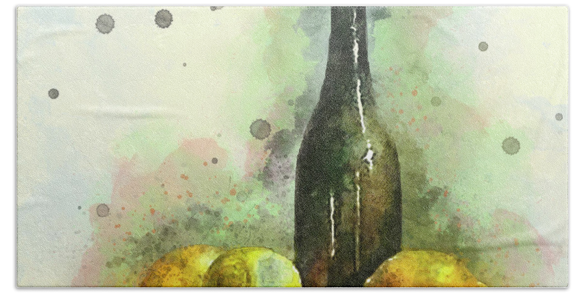 Lemons And Bottle Hand Towel featuring the mixed media Lemons and Bottle by Pheasant Run Gallery