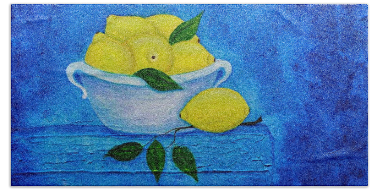 Lemon Still Life Bath Towel featuring the painting Lemons by Irene Czys