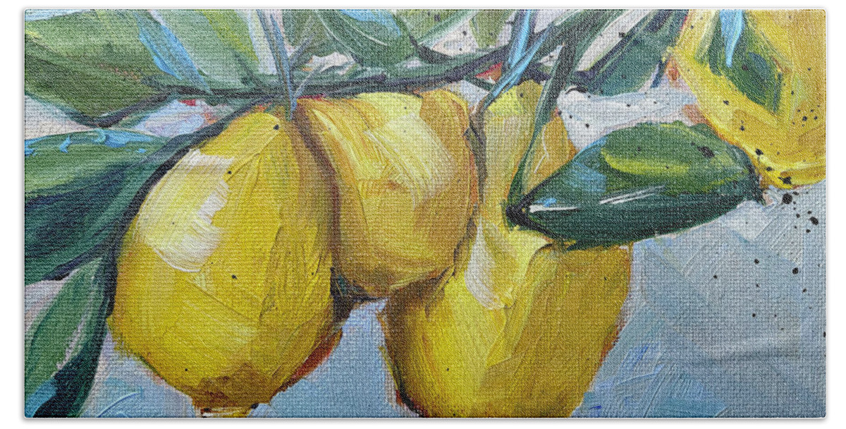 Lemon Bath Towel featuring the painting Lemons by Roxy Rich