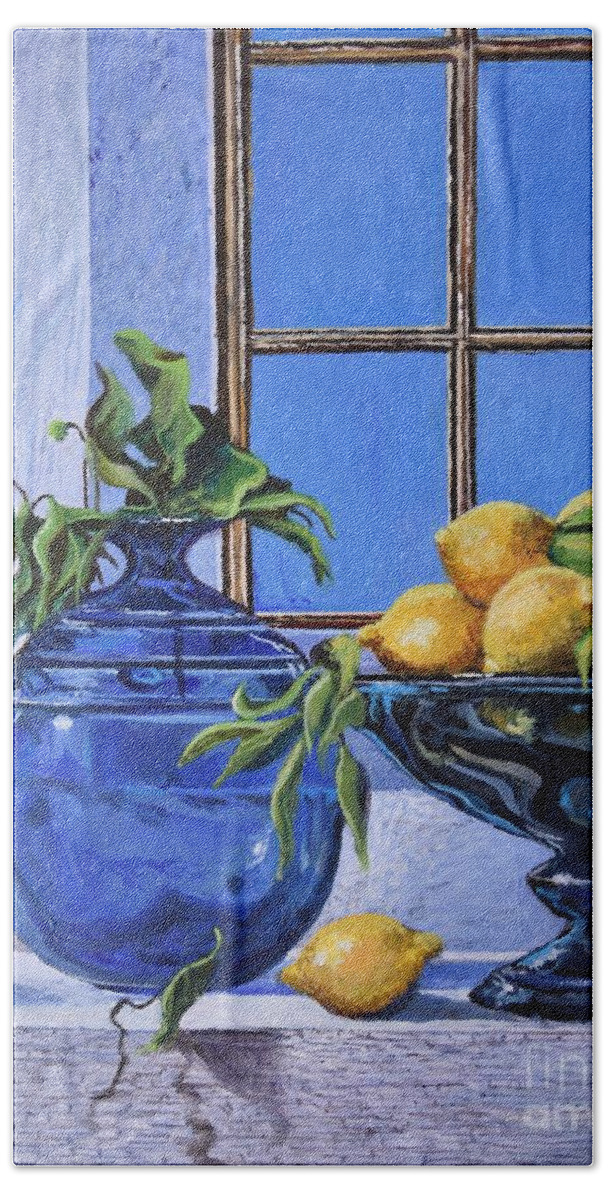 Original Painting Bath Towel featuring the painting Lemons by Sinisa Saratlic