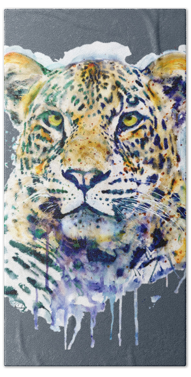 Marian Voicu Bath Towel featuring the painting Leopard Head watercolor by Marian Voicu